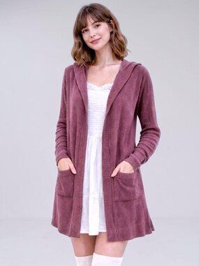 Barefoot Dreams Cozy Chic Lite hooded pocketed long cardigan pink dusty mauve L